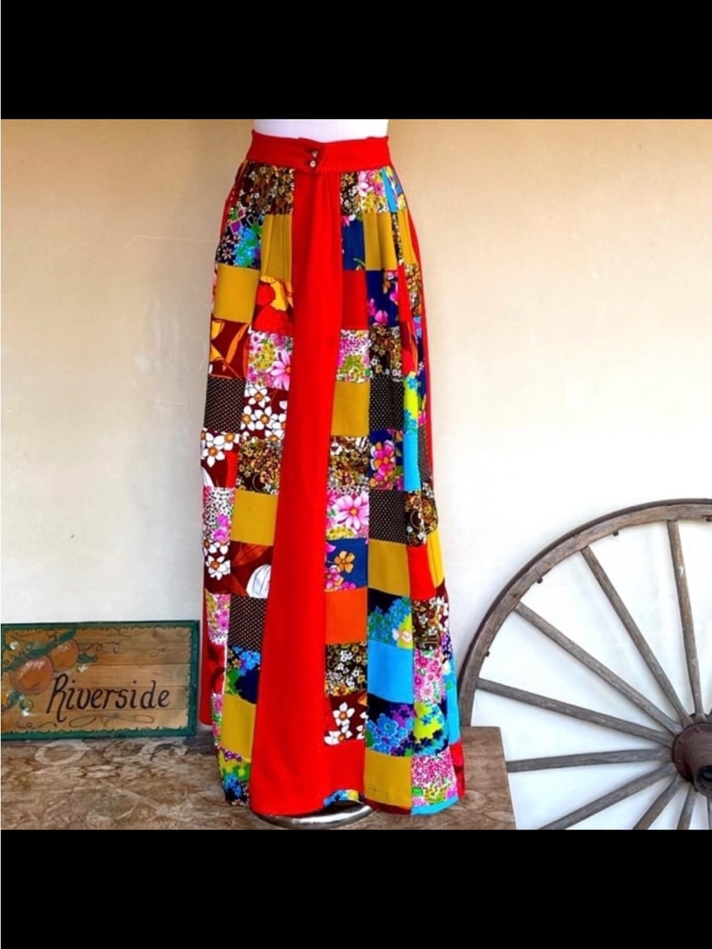American Vintage Red Maxi Skirt with Multicolor Patchwork Panel - Picture 2 of 7